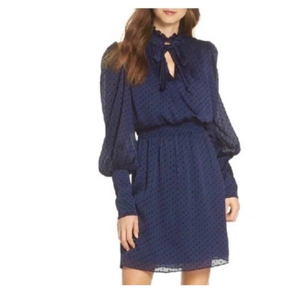 Julia Jordan Dress Navy And Black Polka Dot Chiffon Long Sleeve Size 8 - Picture 1 of 6